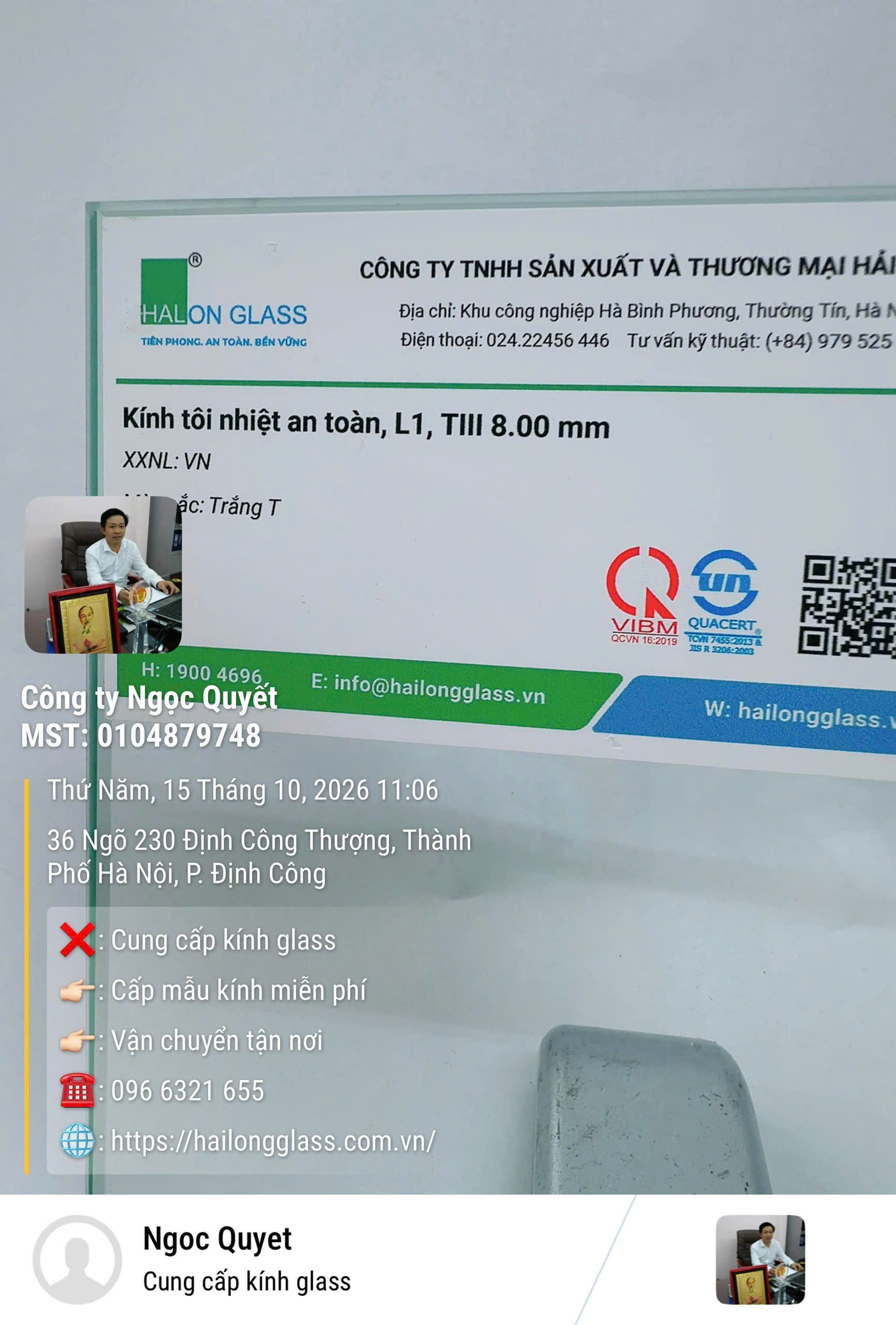Kính tôi nhiệt an toàn 8 mm với nhãn thông số được chụp rõ nét